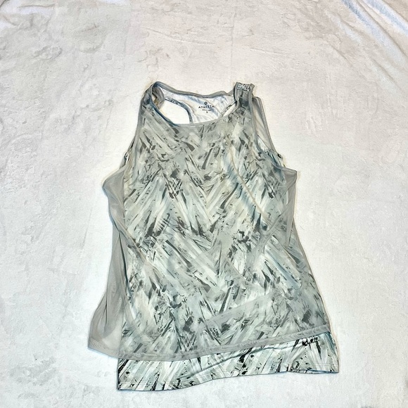 Athleta grey and white, printed, T-back tank with white mesh overlay - Picture 5 of 6